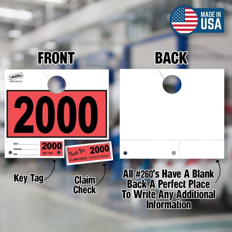 Versa-Tags 1000 Red Car Dealer Service Hang Tags Service Dispatch Numbers, Service Department Numbered Key Tags for Mechanic Repair Shop 3 Part Key Ring - Red (2000-2999) - Image 3